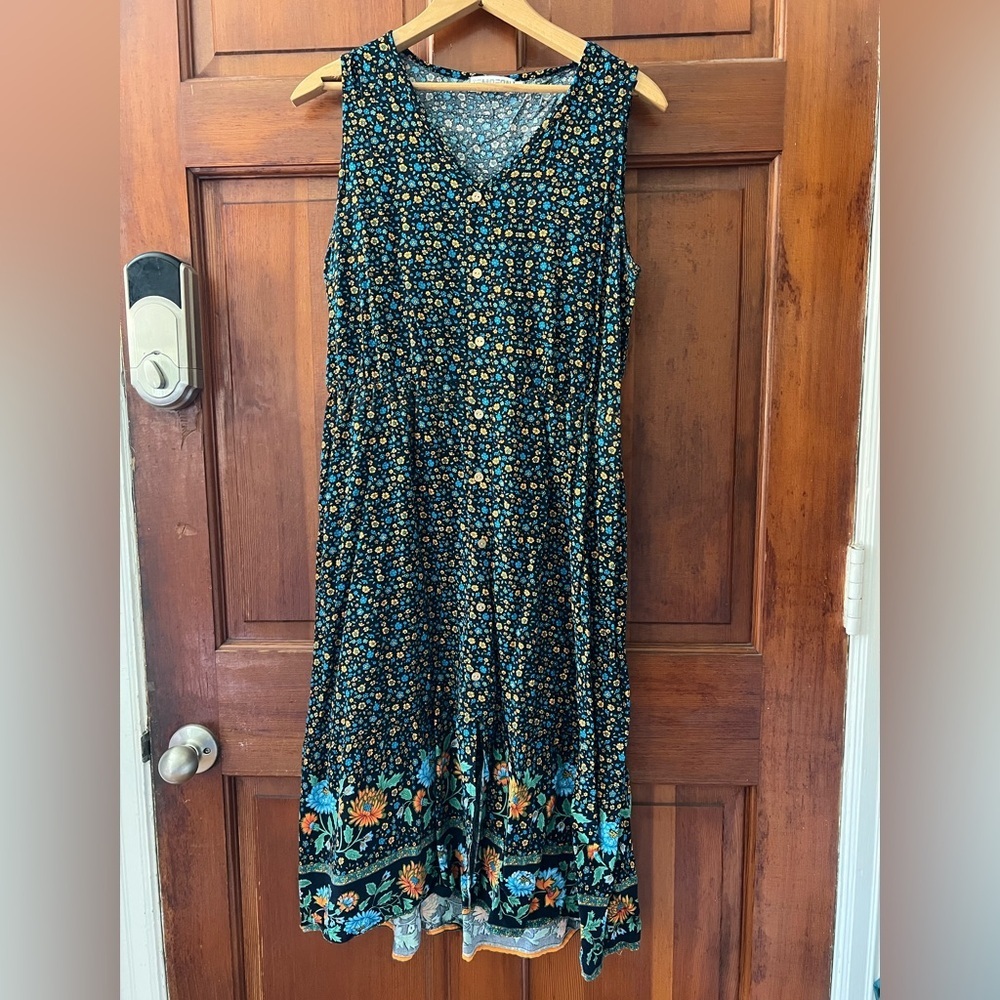 Boho Rayon Floral Midi Dress Black Sleeveless Border Print Cottagecore M/L